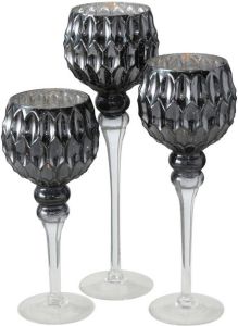 Deco by Boltze Luxe glazen design kaarsenhouders windlichten set van 3x stuks antraciet zilver transparant met formaat tussen de 30 en 40 cm Waxinelichtjes