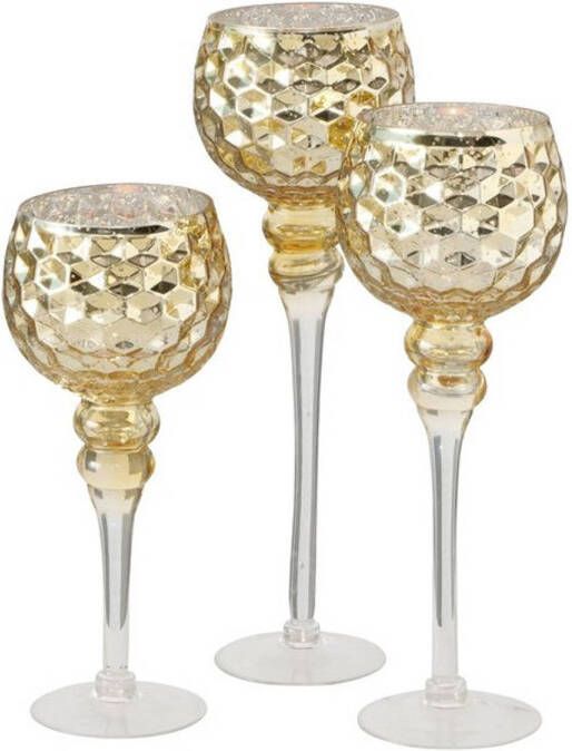 Deco by Boltze Luxe Glazen Design Kaarsenhouders windlichten Set Van 3x Stuks Champagne goud Transparant 30-40 Cm Windlichten