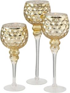Deco by Boltze Luxe glazen design kaarsenhouders windlichten set van 3x stuks champagne goud transparant met formaat tussen de 30 en 40 cm Waxinelichtjeshouders