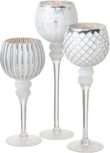 Deco by Boltze Luxe glazen design kaarsenhouders windlichten set van 3x stuks zilver wit transparant met formaat tussen de 30 en 40 cm Waxinelichtjeshouders