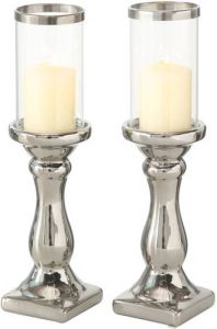 Deco by Boltze Set van 2x stuks zilveren keramiek kaarsenhouder windlicht voor stompkaarsen 36 x 9 cm met glazen top kaars kandelaars