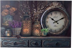 Decopatent Xl Canvas Schilderij Wandklok Cabinet Clock Lantarn Candle En Flowers