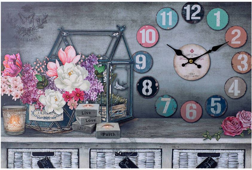 Decopatent XL Canvas Schilderij Wandklok CLOCK GARDENHOUSE CANDLES en FLOWERS met