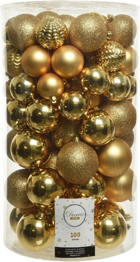 Decoris 100x Kunststof kerstballen mix goud 4-5-6-7-8 cm kerstboom versiering decoratie Kerstbal