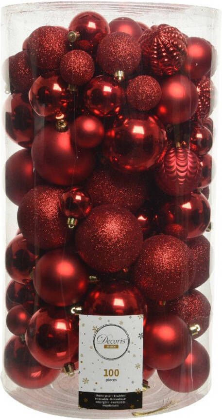 Decoris 100x Kunststof kerstballen mix rood 4-5-6-7-8 cm kerstboom versiering decoratie Kerstbal