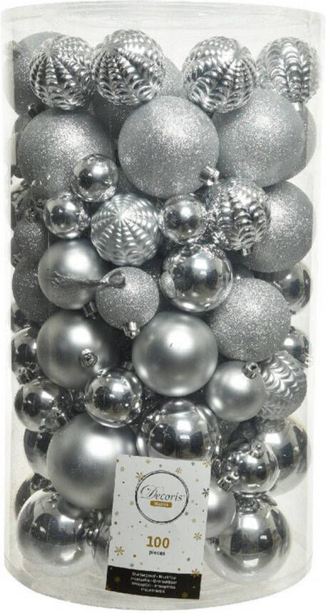 Decoris 100x Kunststof kerstballen mix zilver 4-5-6-7-8 cm kerstboom versiering decoratie Kerstbal