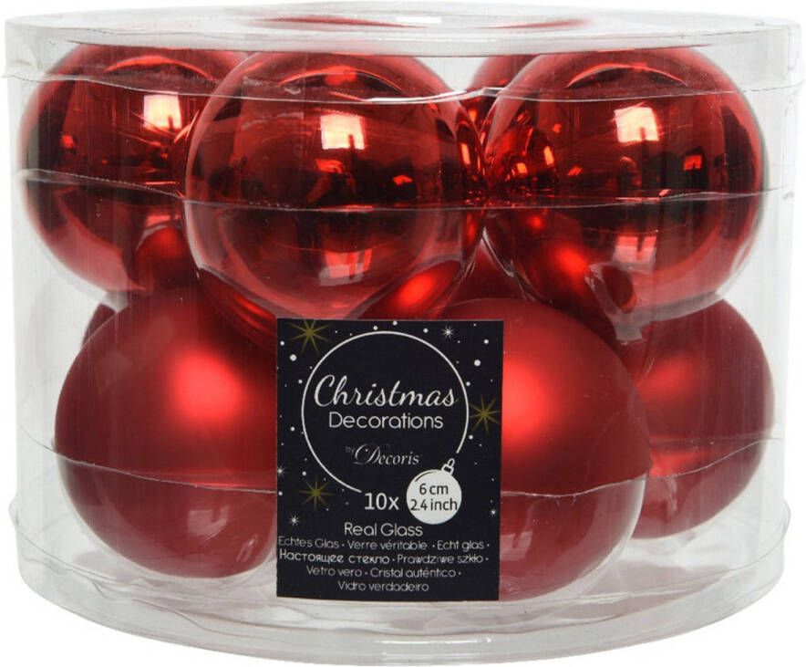 Decoris Kerstboomversiering kerst rode kerstballen van glas 6 cm 10 stuks Kerstbal