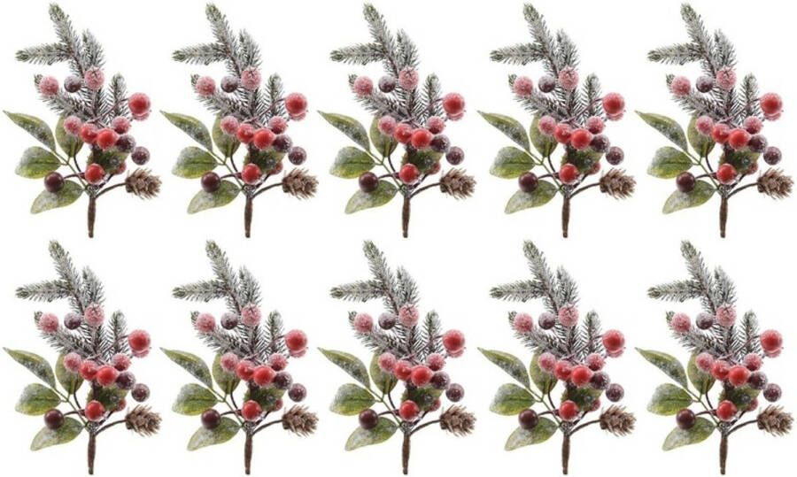Decoris 10x Kerststukje instekertjes met bessen en sneeuw groen rood 20 cm Kerststukjes