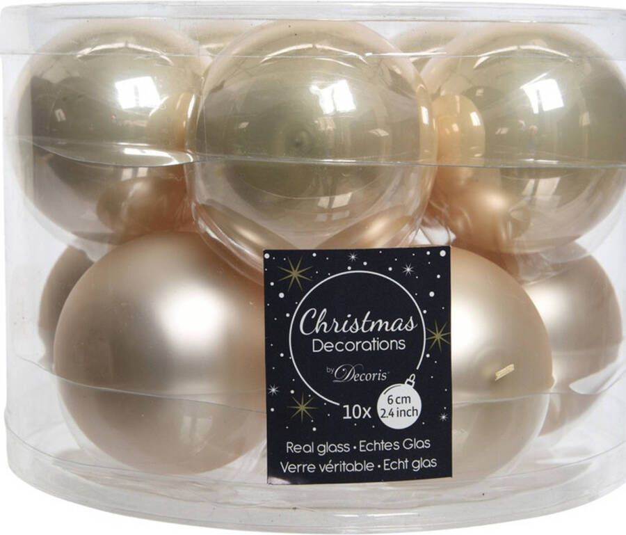 Decoris Kerstboomversiering licht parel champagne kerstballen van glas 6 cm 10 stuks Kerstbal