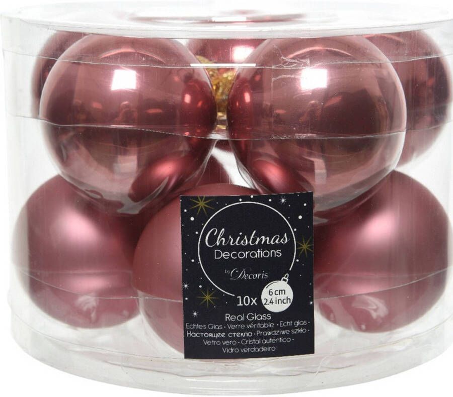 Decoris Kerstboomversiering oud roze kerstballen van glas 6 cm 10 stuks Kerstbal