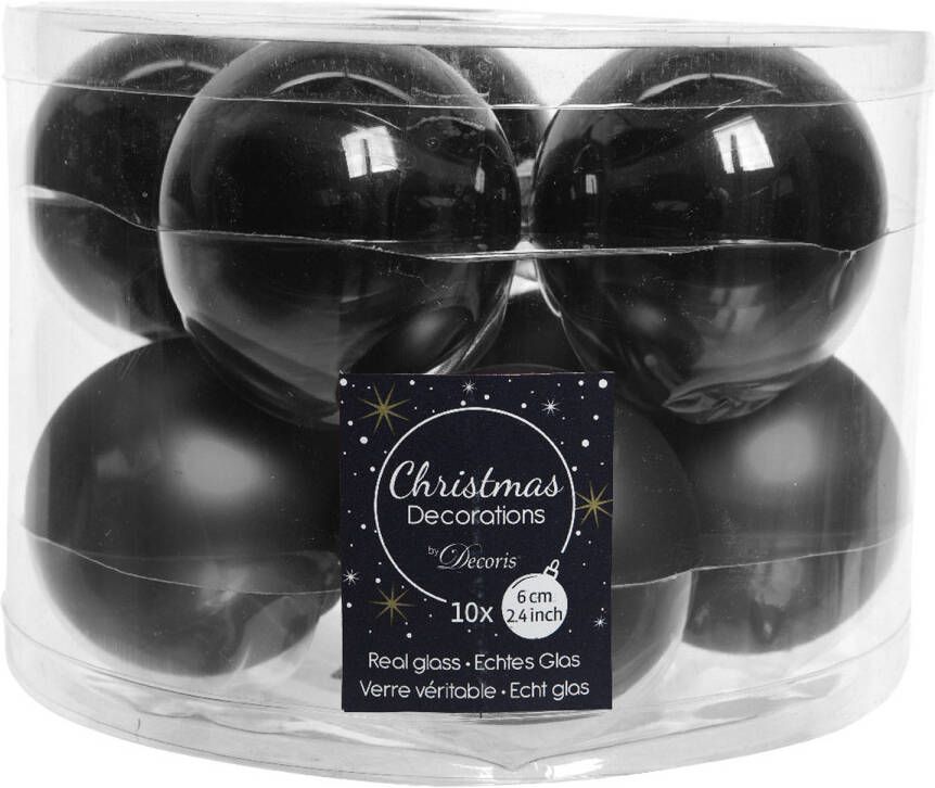 Decoris 10x stuks Zwarte kerstversiering kerstballenset glas 6 cm glans mat Kerstbal