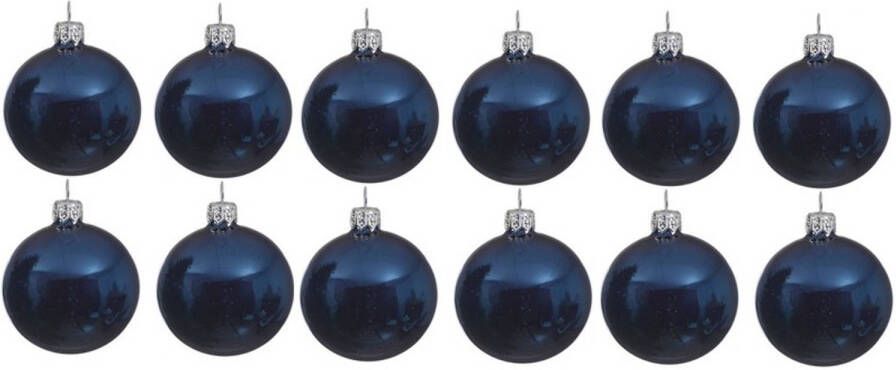 Decoris 12x Donkerblauwe glazen kerstballen 10 cm glans Kerstbal