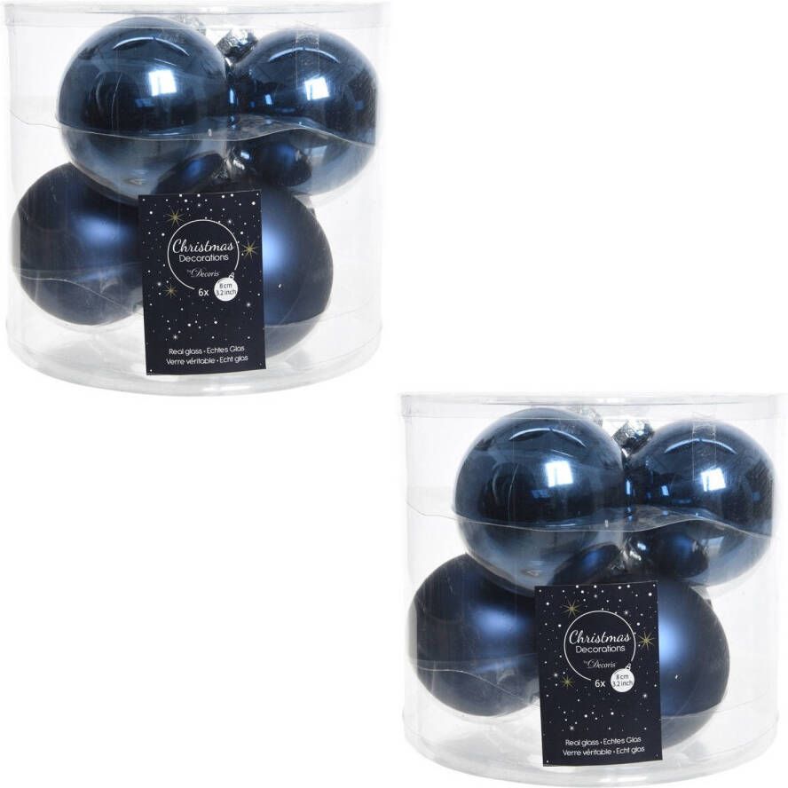 Decoris Kerstboomversiering donkerblauwe kerstballen van glas 8 cm 12x stuks Kerstbal
