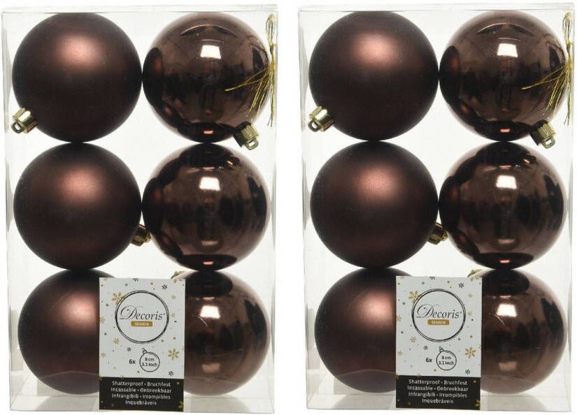 Decoris 12x Kunststof kerstballen glanzend mat donkerbruin 8 cm kerstboom versiering decoratie Kerstbal