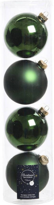 Decoris Tubes met 12x donkergroene kerstballen van glas 10 cm glans en mat Kerstbal