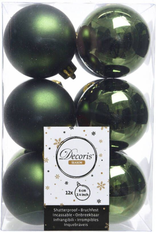 Decoris 12x Kunststof kerstballen glanzend mat donkergroen 6 cm kerstboom versiering decoratie Kerstbal
