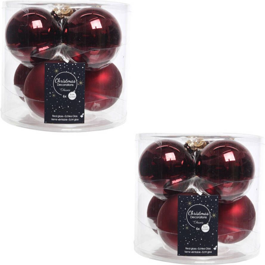Decoris Kerstboomversiering donkerrode kerstballen van glas 8 cm 12x stuks Kerstbal