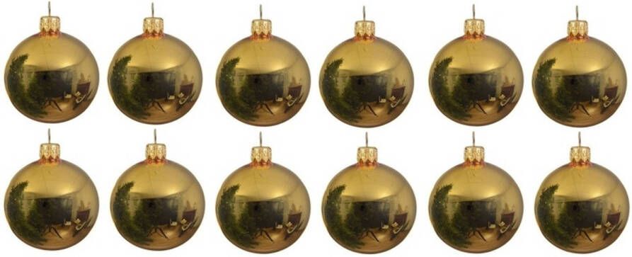 Decoris 12x Glazen kerstballen glans goud 10 cm kerstboom versiering decoratie Kerstbal