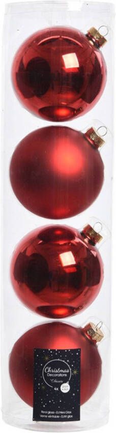 Decoris Tubes met 12x kerst rode kerstballen van glas 10 cm glans en mat Kerstbal
