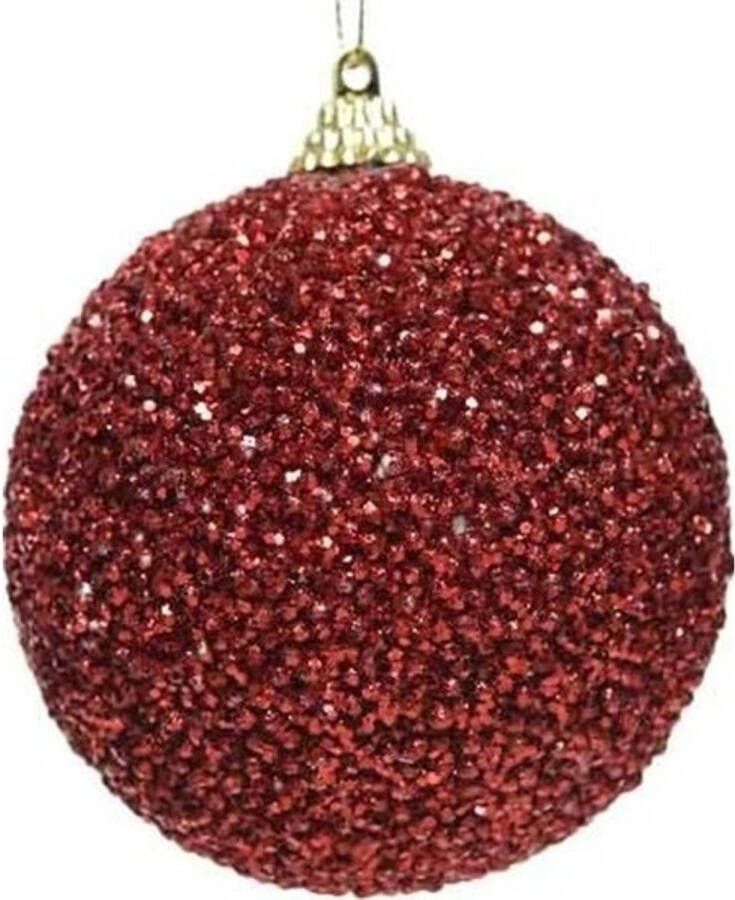 Decoris 12x Kerstballen kerst rode glitters 8 cm met kralen kunststof kerstboom versiering decoratie Kerstbal