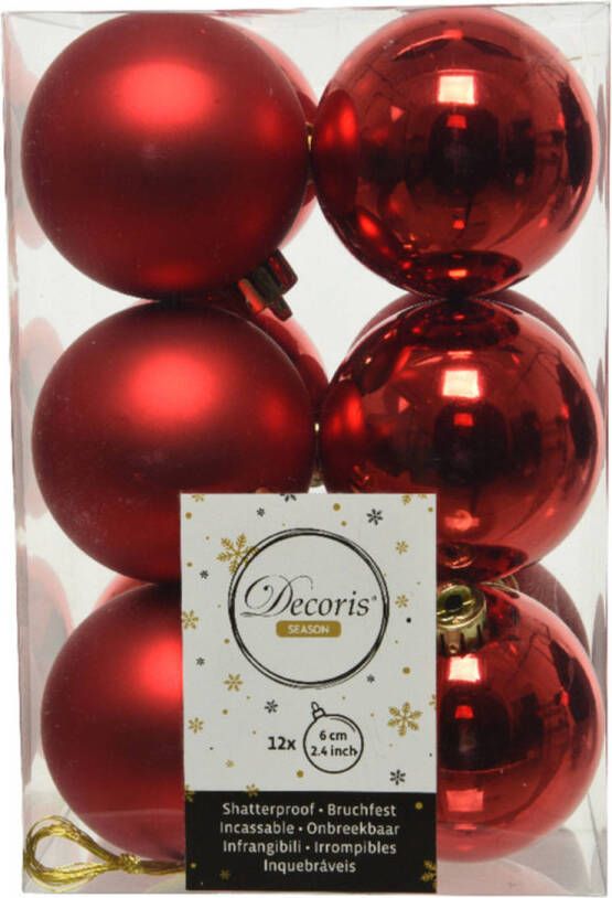 Decoris 12x Kunststof kerstballen glanzend mat kerst rood 6 cm kerstboom versiering decoratie Kerstbal