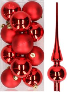 Decoris 12x Kerst Rode Kunststof Kerstballen Met Glazen Piek Glans Kerstbal