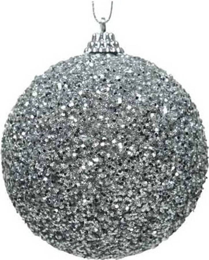 Decoris 12x Kerstballen zilveren glitters 8 cm met kralen kunststof kerstboom versiering decoratie Kerstbal