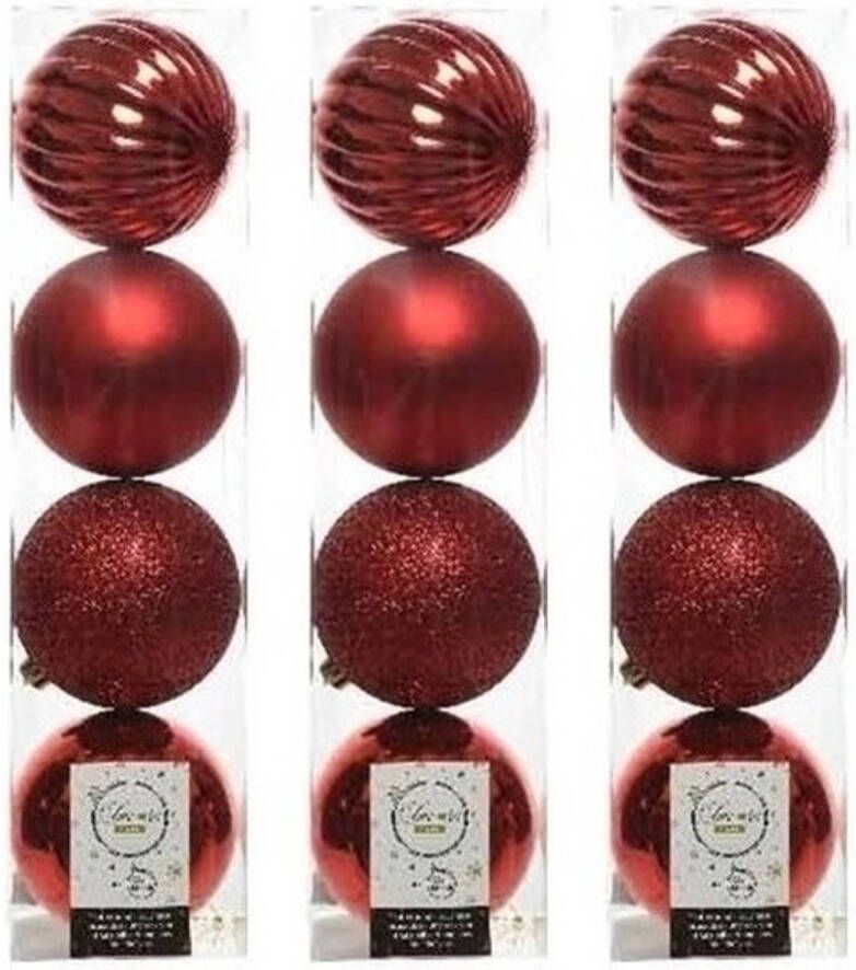 Decoris 12x Kunststof kerstballen mix kerstrood 10 cm kerstboom versiering decoratie Kerstbal