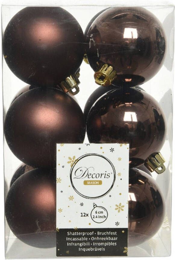Decoris 12x Kunststof kerstballen glanzend mat donkerbruin 6 cm kerstboom versiering decoratie Kerstbal