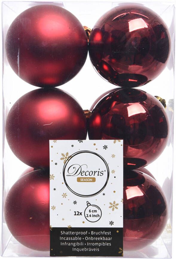 Decoris 12x Kunststof kerstballen glanzend mat donkerrood 6 cm kerstboom versiering decoratie Kerstbal