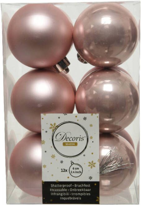 Decoris 12x Kunststof kerstballen glanzend mat lichtroze 6 cm kerstboom versiering decoratie Kerstbal