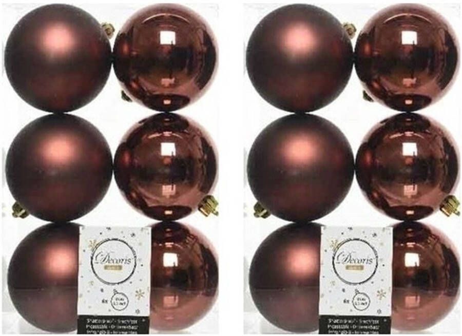 Decoris 12x Kunststof kerstballen glanzend mat mahonie bruin 8 cm kerstboom versiering decoratie Kerstbal