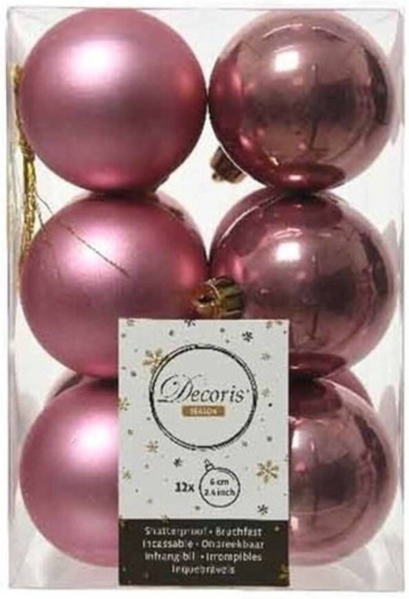 Decoris 12x Kunststof kerstballen glanzend mat oud roze 6 cm kerstboom versiering decoratie Kerstbal
