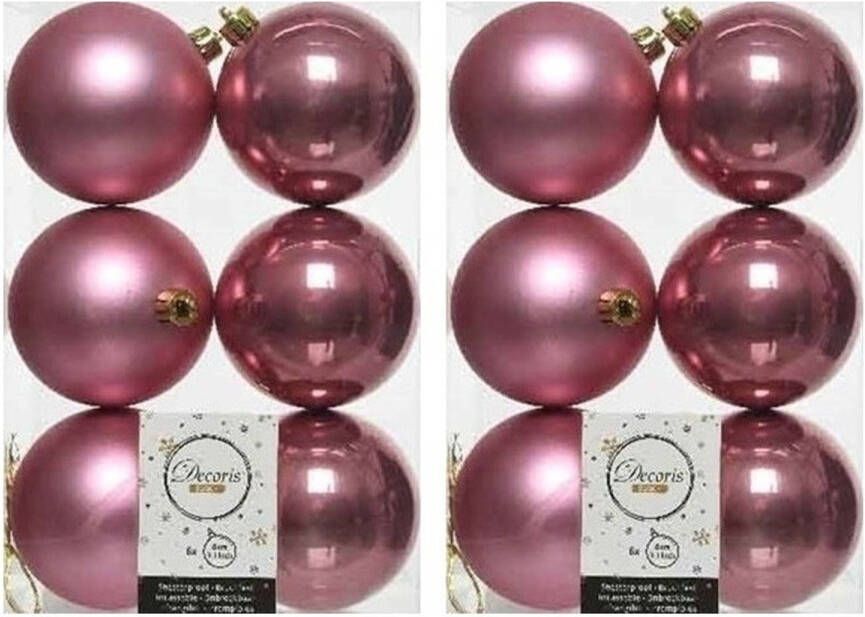 Decoris 12x Kunststof kerstballen glanzend mat oud roze 8 cm kerstboom versiering decoratie Kerstbal