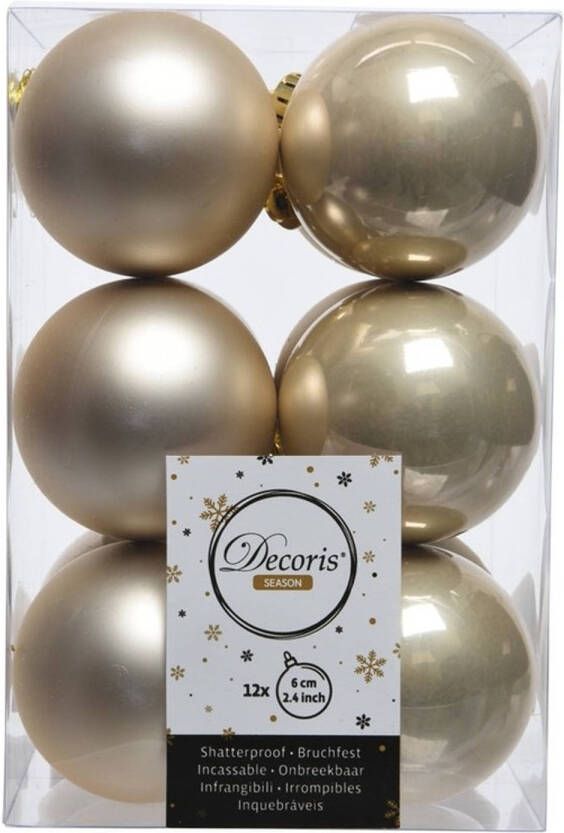 Decoris 12x Kunststof kerstballen glanzend mat licht parel champagne 6 cm kerstboom versiering decoratie Kerstbal