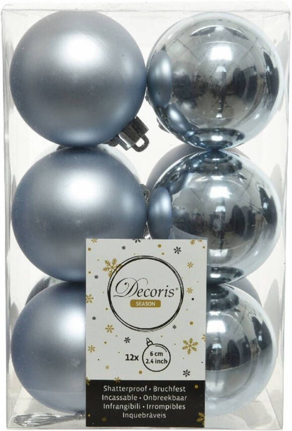Decoris 12x Kunststof kerstballen glanzend mat lichtblauw 6 cm kerstboom versiering decoratie Kerstbal