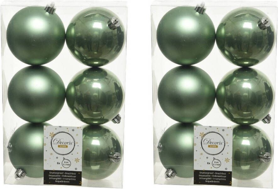 Decoris 12x Kunststof kerstballen glanzend mat salie groen 8 cm kerstboom versiering decoratie Kerstbal