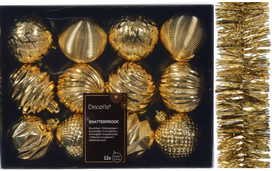 Decoris 12x st kerstballen 6 cm incl. folieslinger goud kunststof Kerstbal
