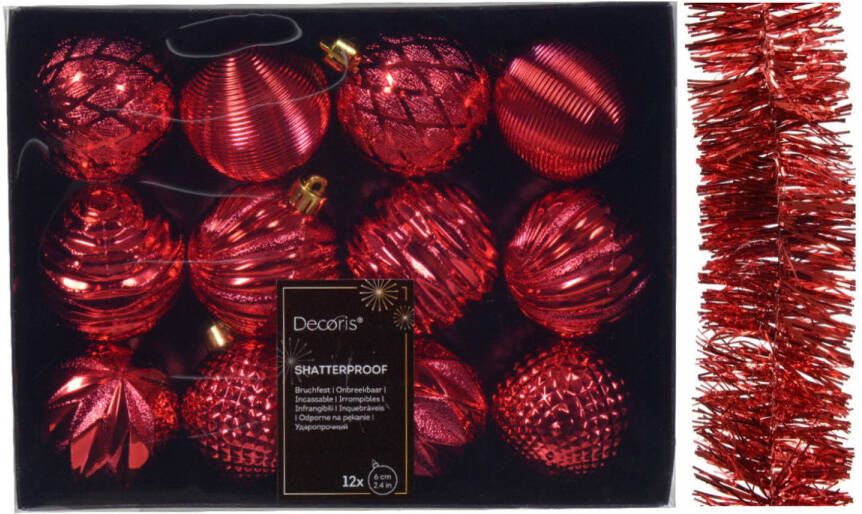 Decoris 12x st kerstballen 6 cm incl. folieslinger rood kunststof Kerstbal