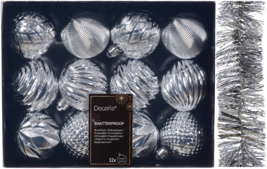 Decoris 12x st kerstballen 6 cm incl. folieslinger zilver kunststof Kerstbal