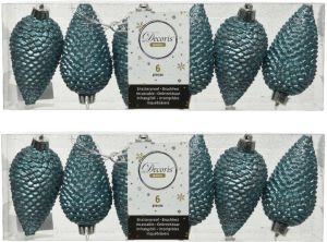 Decoris 12x Stuks Kunststof Glitter Dennenappels Kersthangers Ijsblauw (Blue Dawn) 8 Cm Kersthangers