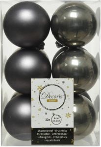 Decoris 12x Stuks Kunststof Kerstballen Antraciet (Warm Grey) 6 Cm Glans mat Kerstbal
