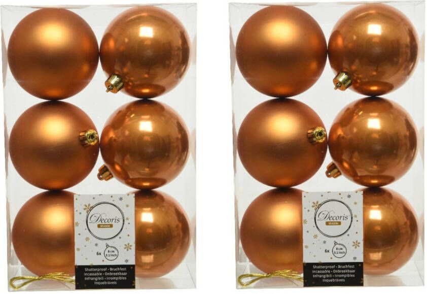 Decoris 12x stuks kunststof kerstballen cognac bruin (amber) 8 cm glans mat Kerstbal