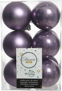 Decoris 12x stuks kunststof kerstballen heide lila paars 6 cm glans mat Kerstbal