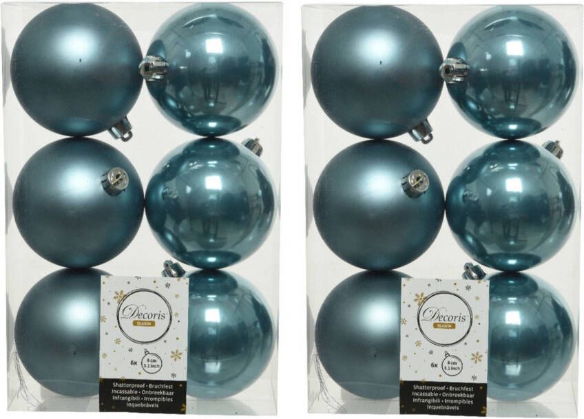 Decoris 12x stuks kunststof kerstballen ijsblauw (blue dawn) 8 cm glans mat Kerstbal