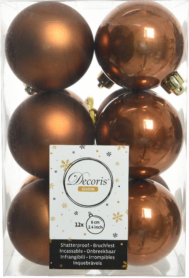 Decoris 12x stuks kunststof kerstballen kaneel bruin 6 cm glans mat Kerstbal
