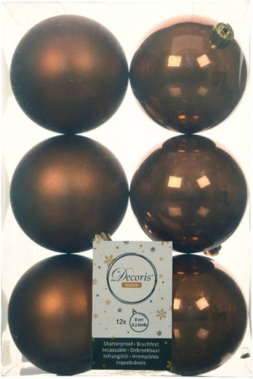Decoris 12x stuks kunststof kerstballen kaneel bruin 8 cm glans mat Kerstbal