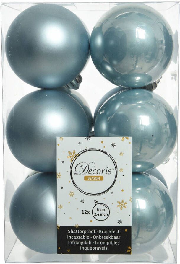 Decoris 12x stuks kunststof kerstballen lichtblauw 6 cm glans mat Kerstbal