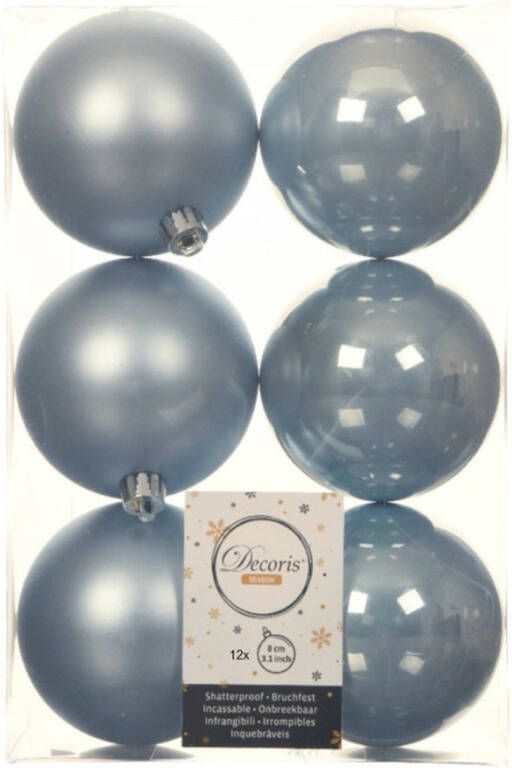 Decoris 12x stuks kunststof kerstballen lichtblauw 8 cm glans mat Kerstbal