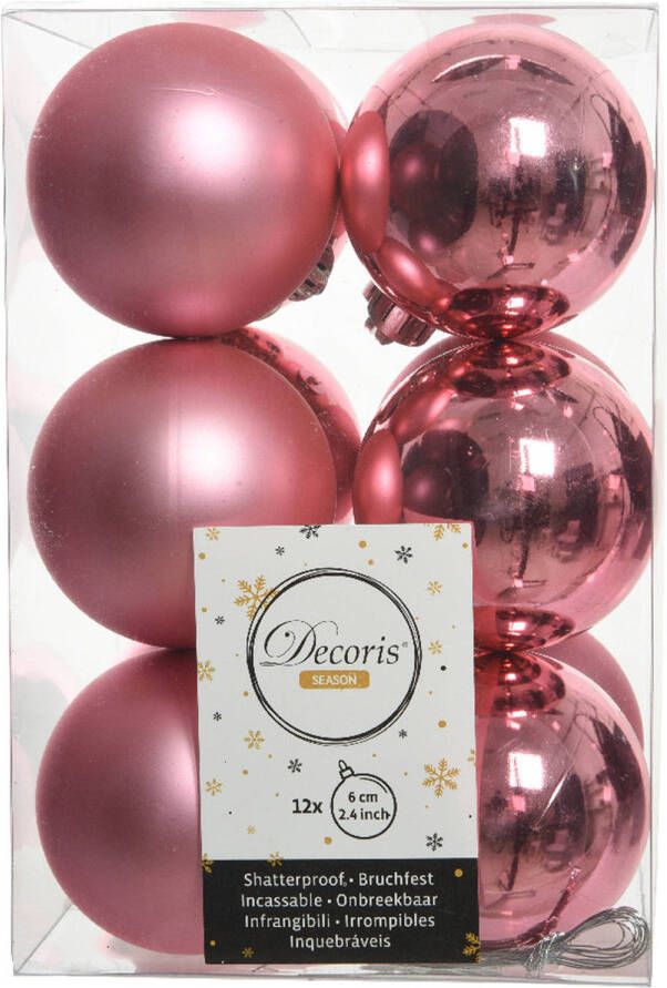 Decoris 12x stuks kunststof kerstballen lippenstift roze 6 cm glans mat Kerstbal